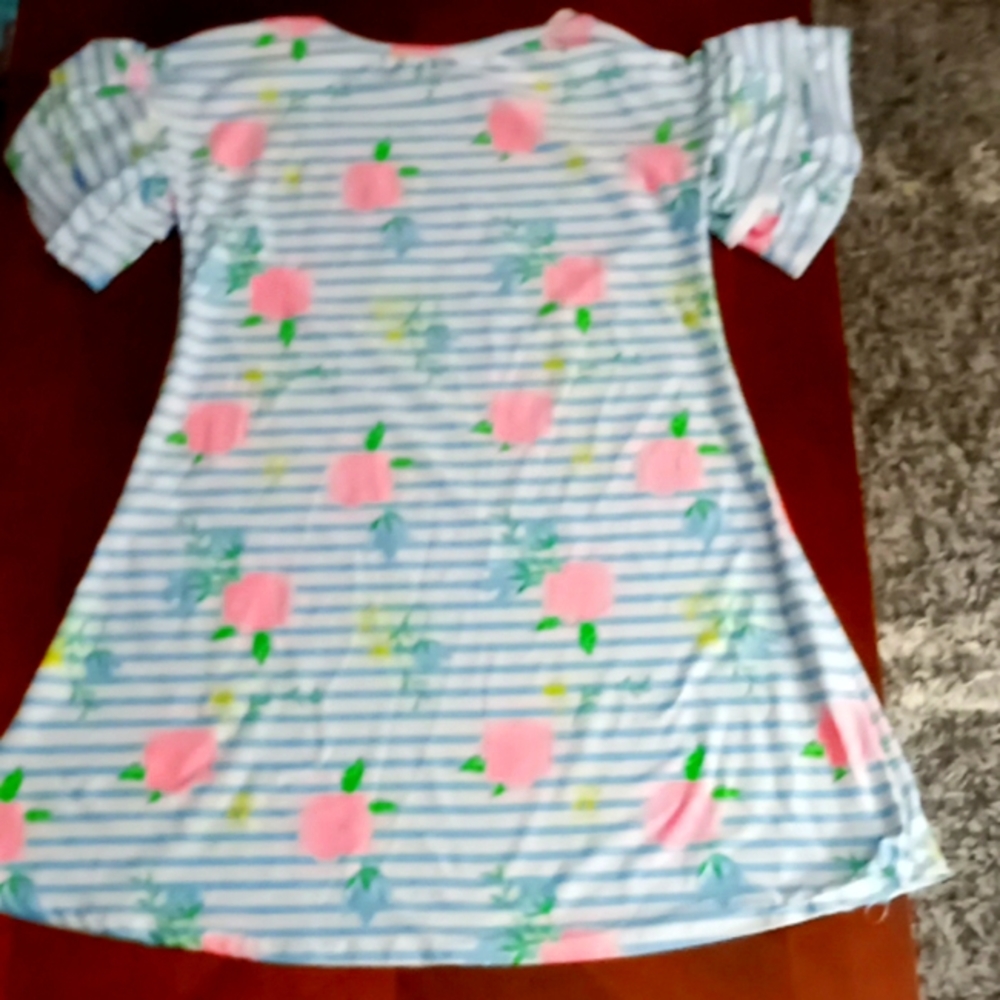 A pink flower dress with blue and white stripes